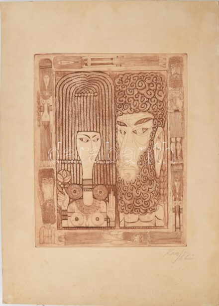 Kass János (1927-2010): Férfi és nő, 1982. Színes rézkarc, papír, jelzett. Kartonra ragasztva, lap széle kissé foltos. 39x29 cm
