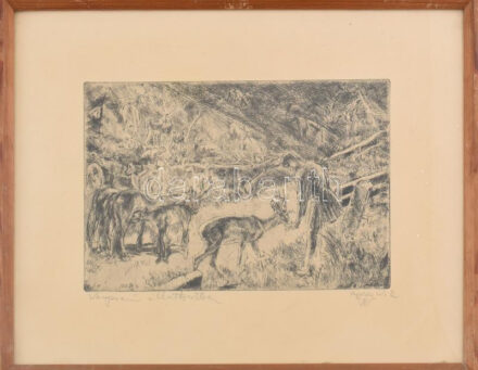 Aszódi Weil Erzsébet (1901-1976): Veszprémi Állatkertben. Rézkarc, papír, jelzett, üvegezett fakeretben, 19,5×30 cm