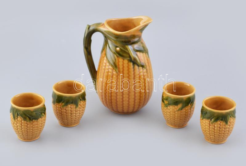 Kukorica formájú boros szett, 4 személyes, kerámia, jelzés nélkül, kopásokkal, m: 7,5-18,5 cm
