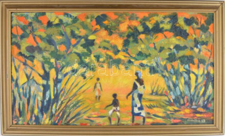 Olvashatatlan jelzéssel, portugál vagy brazil festő: Színes kép. Olaj, falemez. Dekoratív fakeretben. 37x65 cm