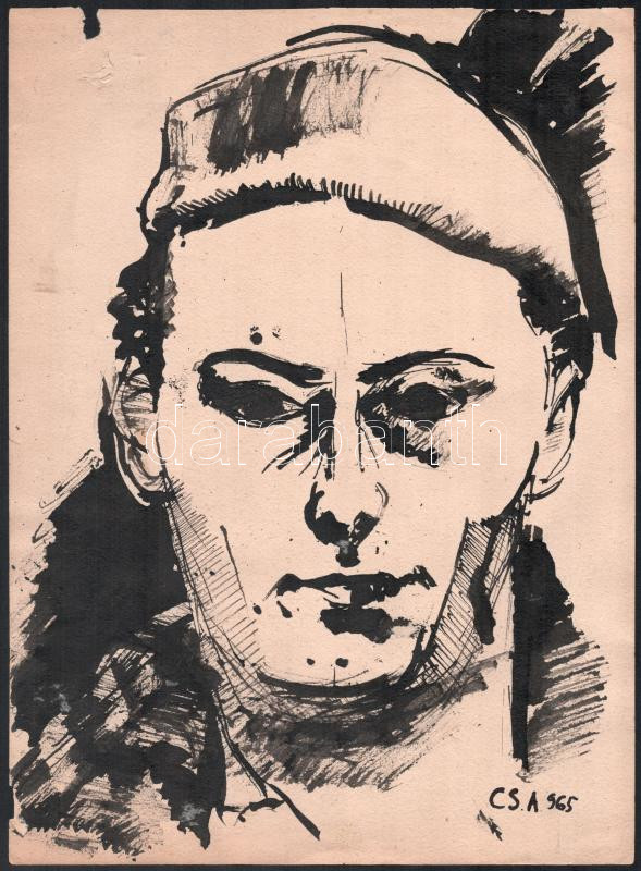 Csavlek András (1942-): Férfi portré. 1965. Tus, papír. jelzett 33x24 cm