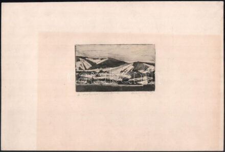 Csavlek András (1942-): Dunakanyar. Rézkarc, papír. 8x13 cm Jelzett