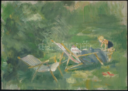 Csavlek András (1942-): Kerti nyugágyak Olaj, karton. Jelzés nélkül. 28x30 cm