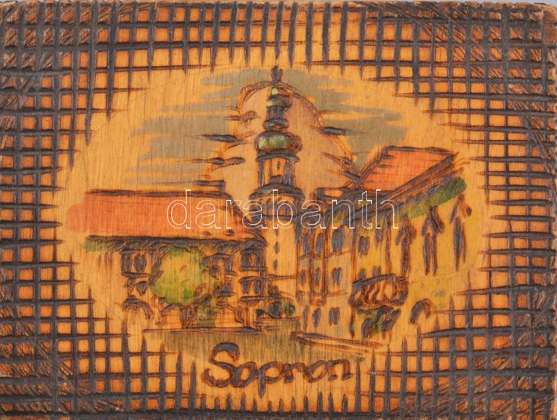 Sopron város képes faragott fa doboz, kézzel festett, kopott, 9x12 cm - Image 2