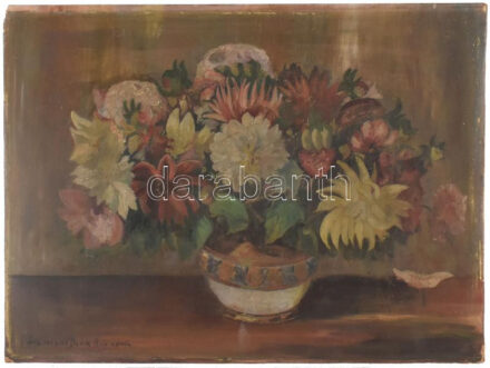 Henczné Deák Adrienne jelzéssel: Csendélet. Olaj, farost. Sarkaiban kissé sérült. 35,5×48 cm