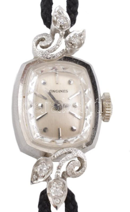 Arany (Au) fehérarany tokos Longines karóra, mechanikus szerkezettel, működik, brillekkel ékítve, jelzett, d: 18mm, bruttó: 9,8g