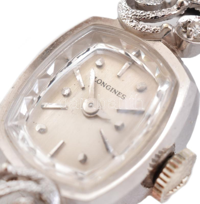 Arany (Au) fehérarany tokos Longines karóra, mechanikus szerkezettel, működik, brillekkel ékítve, jelzett, d: 18mm, bruttó: 9,8g - Image 2