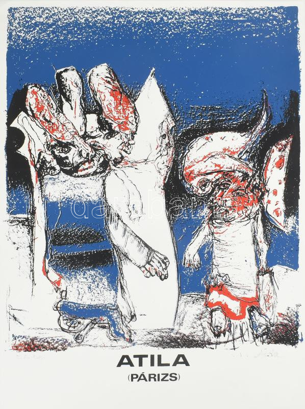 Atila (Bíró Attila) (1931-1987): Alakok. Szitanyomat, papír. Jelzett. Művészpéldány E.A. Exp. jelzéssel. Lapméret: 70x50 cm. Lapszéli egészen apró szakadásokkal.