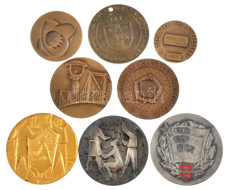 8db-os vegyes szocialista emlékérem és plakett, közte Jeckel Ferenc (1950-2012) 1970. 'Szövetkezeti Munkáért Jubileumi Emlék 1945-1970' kétoldalas bronz emlékérem (70mm) T:1-,2 az egyik plakett átlyukasztva