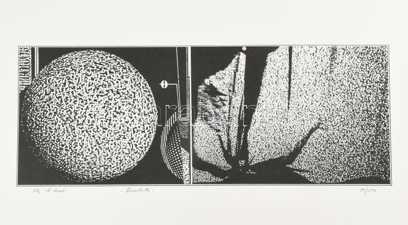 Joseph Kádár (1936-2019): Dualité. Szitanyomat, papír, jelzett, számozott (91/100), hátoldalán a művész bélyegzőjével, 22x58 cm / Joseph Kádár (1936-2019): Dualité. Screenprint on paper, signed, numbered (91/100), with the artist's