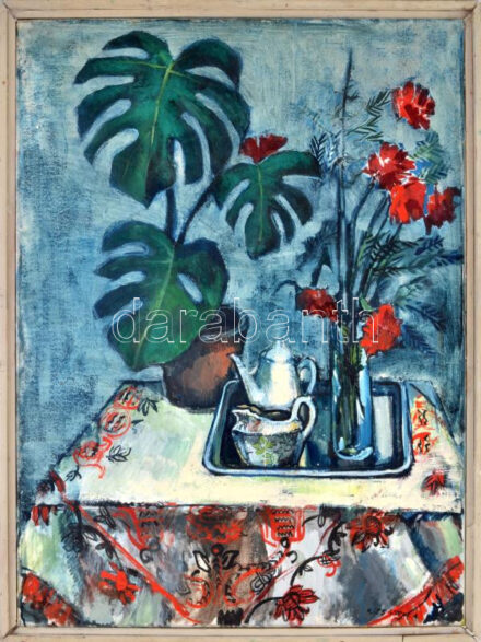 Kiss Attila (1941-): Virágcsendélet III. Olaj, vászon. Jelezve jobbra lent, hátoldalán autográf felirattal. Fakeretben. 82x60,5 cm