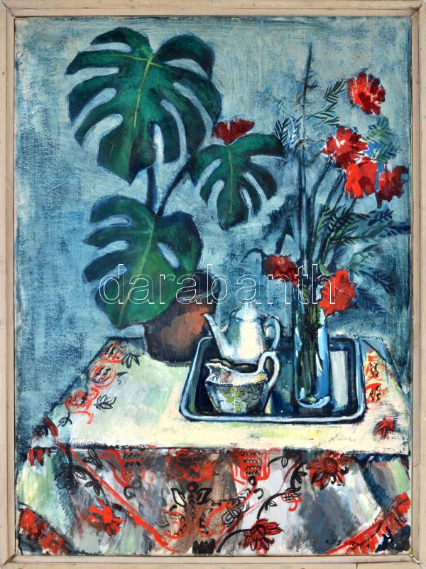 Kiss Attila (1941-): Virágcsendélet III. Olaj, vászon. Jelezve jobbra lent, hátoldalán autográf felirattal. Fakeretben. 82x60,5 cm