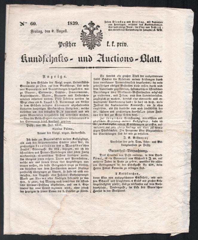 1839 Pesther k.k. Kundschafts- und Auctionsblatt No. 60.