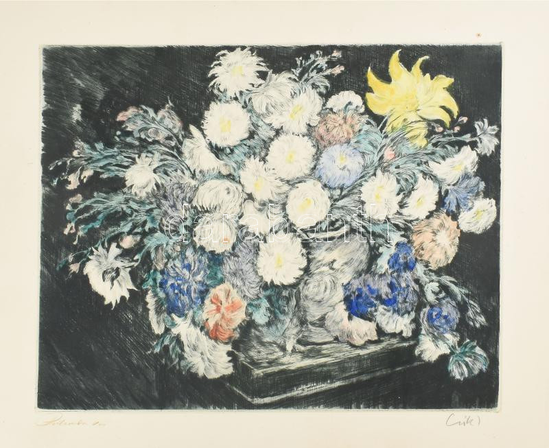 Csók István (1865-1961) - Prihoda István (1891-1956): Csendélet. Rézkarc, papír, jelzett (Prihoda és Csók I.), lapszéli apró foltokkal, 37x47 cm