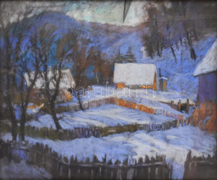 Olvashatatlan jelzéssel: Behavazott falu. Pasztell, papír. Sérült. Dekoratív, üvegezett, sérült fakeretben. 50x60 cm