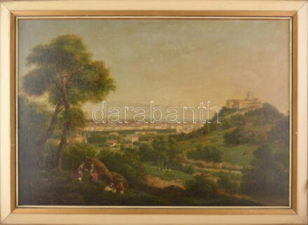 Olvashatatlan jelzéssel (balra lent), XIX. sz. közepe: Város látképe kirándulókkal(Graz?). Olaj, vászon, farostra kasírozva. 57,5x84 cm. Fakeretben.