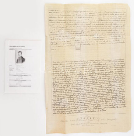 cca 1840 Könyves Kálmán oklevelének rézmetszetű facsimiléje József Nádor tiszteletére. Készítettet Horvát István történész .74x50 cm
