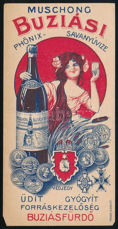 cca 1910 Muschong Buziási Phönix-Savanyúvize Buziásfürdő, Bp., Posner-ny., szecessziós számolócédula, az egyik sarkán kis hiánnyal