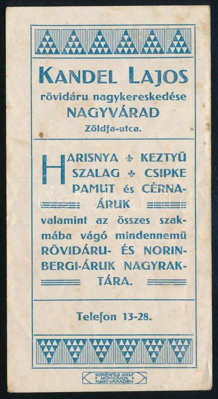 cca 1910 'Kandel Lajos rövidáru nagykereskedése Nagyvárad Zöldfa-utca' art-deco számolócédula, Nagyvárad, Sonnenfeld Adolf-ny.