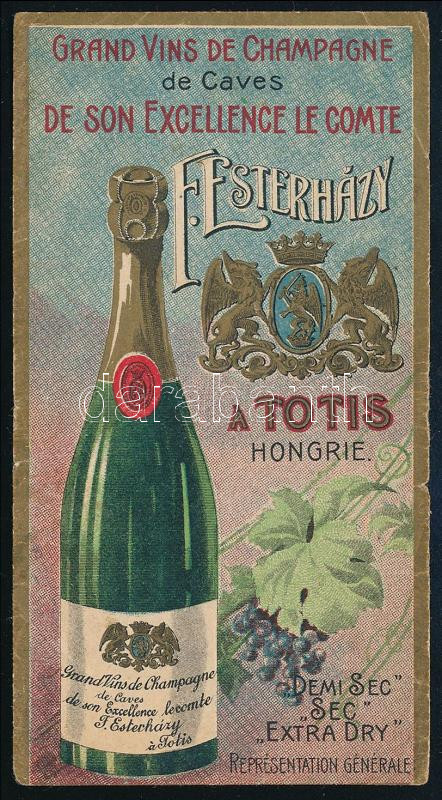 cca 1920-1930 'Grand Vins de Champagne de Caves de son Excellence le comte F. Esterházy á Totis' reklámos számolócédula, 12x6 cm
