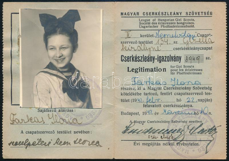 1942 Magyar Cserkészleány Szövetség fényképes igazolványa,