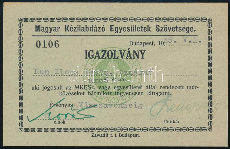 1935 Magyar Kézilabdázó Egyesületek Szövetségének igazolványa