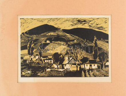 Csavlek András (1942-): Szőlőhegy (Balatonfelvidék). Színes linómetszet, papír, jelzett, kissé foltos, paszpartuban, 20×29,5 cm