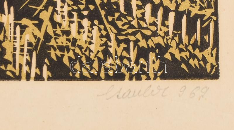 Csavlek András (1942-): Szőlőhegy (Balatonfelvidék). Színes linómetszet, papír, jelzett, kissé foltos, paszpartuban, 20×29,5 cm - Image 2