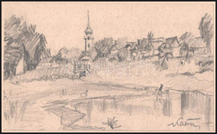 Katona Kiss Ferenc (1909-1995): Kurca part, Szentes. Ceruza, papír. Papírra kasírozva. Paszpartuban. 11×17,5 cm