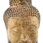 Buddha fej, bronz, kopásokkal, m: 15 cm