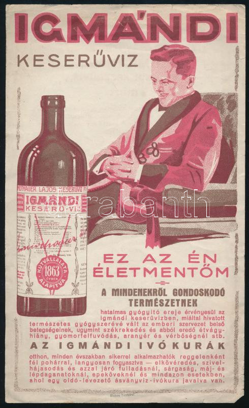 cca 1920-1930 'Igmándi keserűvíz ez az én életmentőm', kétoldalas reklám prospektus, 20x12 cm