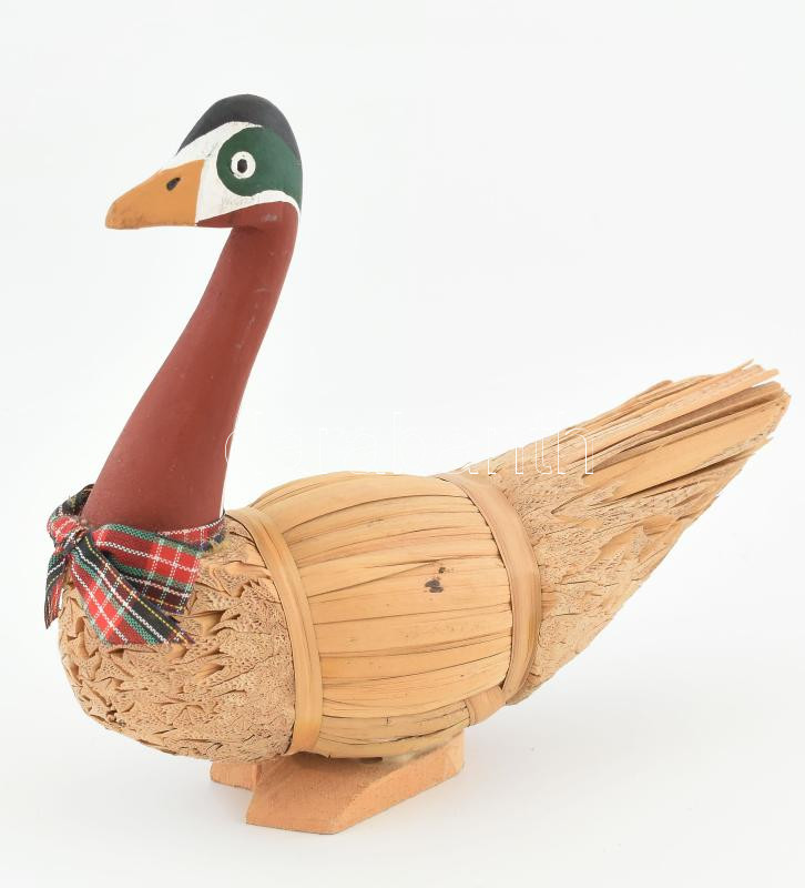 2db madár figura, faragott fa és gyékény, kézzel festett, m: 13-18 cm - Image 2