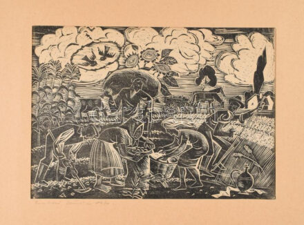 Olvashatatlan jelzéssel (... Sándor): Krumpliszedők, 1970. Linómetszet, papír. Paszpartuban. 28×40 cm
