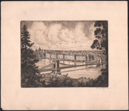 Conrád Gyula (1877-1959): Budapest látképe a Lánchíddal Rézkarc, papír, jelzett, 15x20 cm