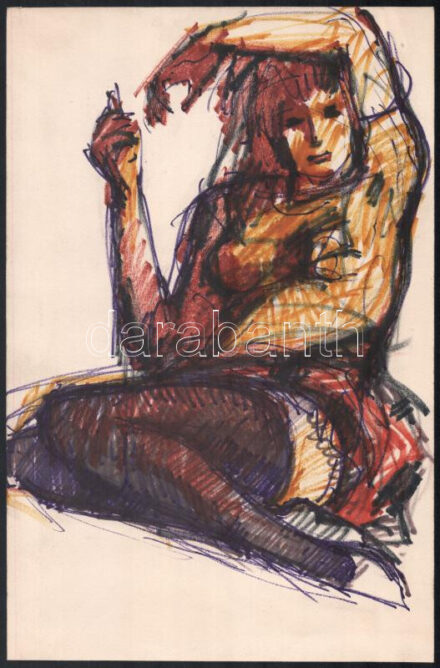 Bod László (1920-2001): Cigarettázó modell. Filctoll, papír, hátoldalán hagyatéki pecséttel jelzett. 34x22,5 cm