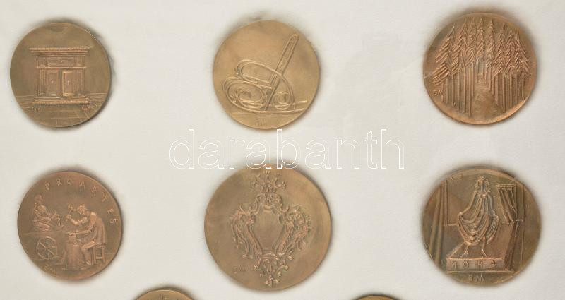 17db-os plakett és emlékérem összeállítás üvegezett keretben, benne 15 darab plakett Borsos Miklóstól (1906-1990), elsősorban 'Budapesti Könnyűipari Szövetkezetek Szövetsége', 'Budapesti Könnyűipari Szövetkezetek Szövetsége', - Image 2