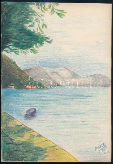Tóth Gyula (1891-1970): Vízparti táj (Adria?), 1915. Színes ceruza, papír, jelzett, lap jobb alsó sarkában Kir. Szab. Fiumei Papírgyár szárazbélyegzőjével, 28x19 cm