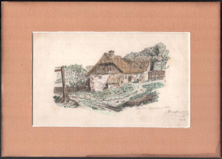Pauline Brandtner jelzéssel: Vidéki ház, 1856. Akvarell, ceruza, papír, paszpartuban. 15x25 cm