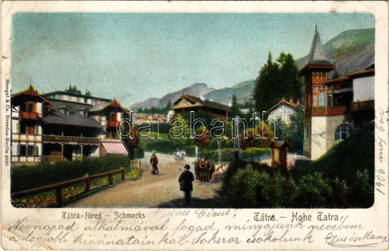 1906 Tátrafüred, Ótátrafüred, Altschmecks, Stary Smokovec (Magas-Tátra, Vysoké Tatry); étterem, Maurer Adolf üzlete / restaurant, shops (EK)