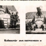 1940 Kolozsvár, Cluj; bevonulás szeptember 11-én, magyar címer díszítés a Mátyás király szobor lábánál / entry of the Hungarian troops, coat of arms at the statue. photo (ragasztónyom / gluemark)