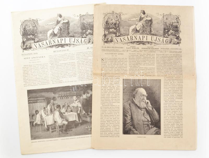 1899-1903 Vasárnapi Ujság 2 db száma: 46. évf., mutatvány-ív (a címlapon: Jókai Mór: Szép Angyalka) + 50. évf. 35. sz., 1903. aug. 30. Számos képpel illusztrálva. Sérültek, ragasztással.