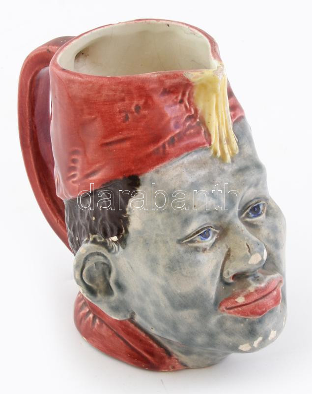 Néger fejet formázó mázas fajansz korsó, kézzel festett, alján formaszámmal, lepattanásokkal, mázrepedésekkel, m: 16 cm