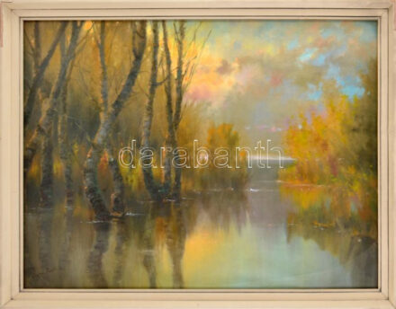 Csabai Pantl László (1904-1982): Őszi táj. Olaj, vászon, Jelzett, üvegezett keretben. 55x80 cm