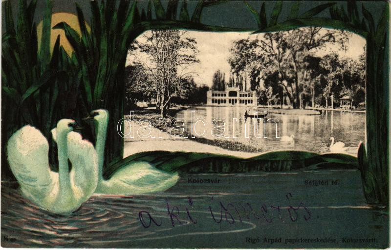 1901 Kolozsvár, Cluj; Sétatéri tó. Szecessziós litho keret hattyúkkal. Rigó Árpád kiadása / promenade, lake. Art Nouveau litho frame with swans