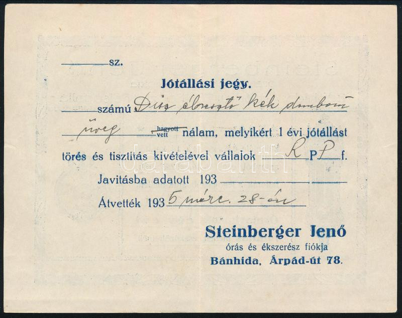 1935 Steinberger Jenő órás és ékszerész fiókja, Bánhida jótállási jegy - Image 2
