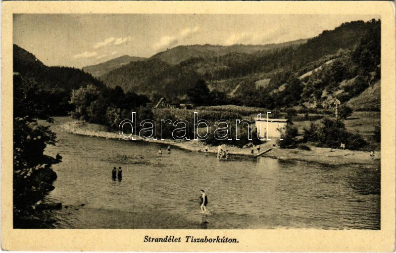 1940 Tiszaborkút, Kvaszi, Kvasy (Máramaros); strandélet / beach life + kétnyelvű bélyegzés / bilingual cancellation
