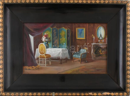 Olvashatatlan jelzéssel: Enteriőr paravánnal és festménnyel. Olaj, karton. Dekoratív, kissé sérült fakeretben. 19,5×32,5 cm