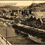 Sarajevo, Miljacka sa latinnskom cuprijom / Fluss mit Lateinerbrücke / river and bridge + 'K.u.k. Milit. Post. Bos. Brod'