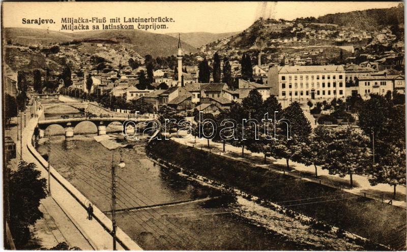 Sarajevo, Miljacka sa latinnskom cuprijom / Fluss mit Lateinerbrücke / river and bridge + 'K.u.k. Milit. Post. Bos. Brod'