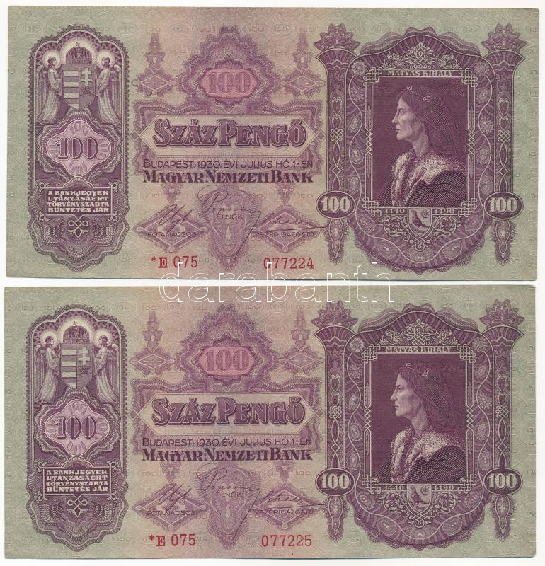 1930. 100P (2x) sorszámkövetők ' *E 075 077224 - *E 075 077225' T:III szép papír Adamo P17